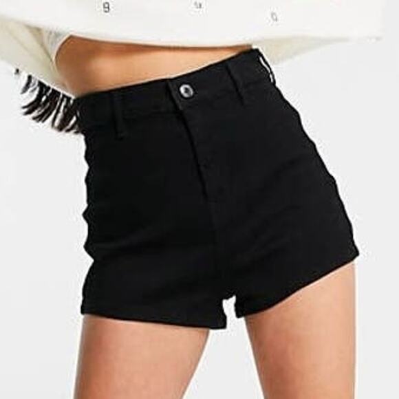 New 6 ASOS Black Disco Shorts High Rise Mini Stretch Denim Jean Mom Pockets - Picture 2 of 3